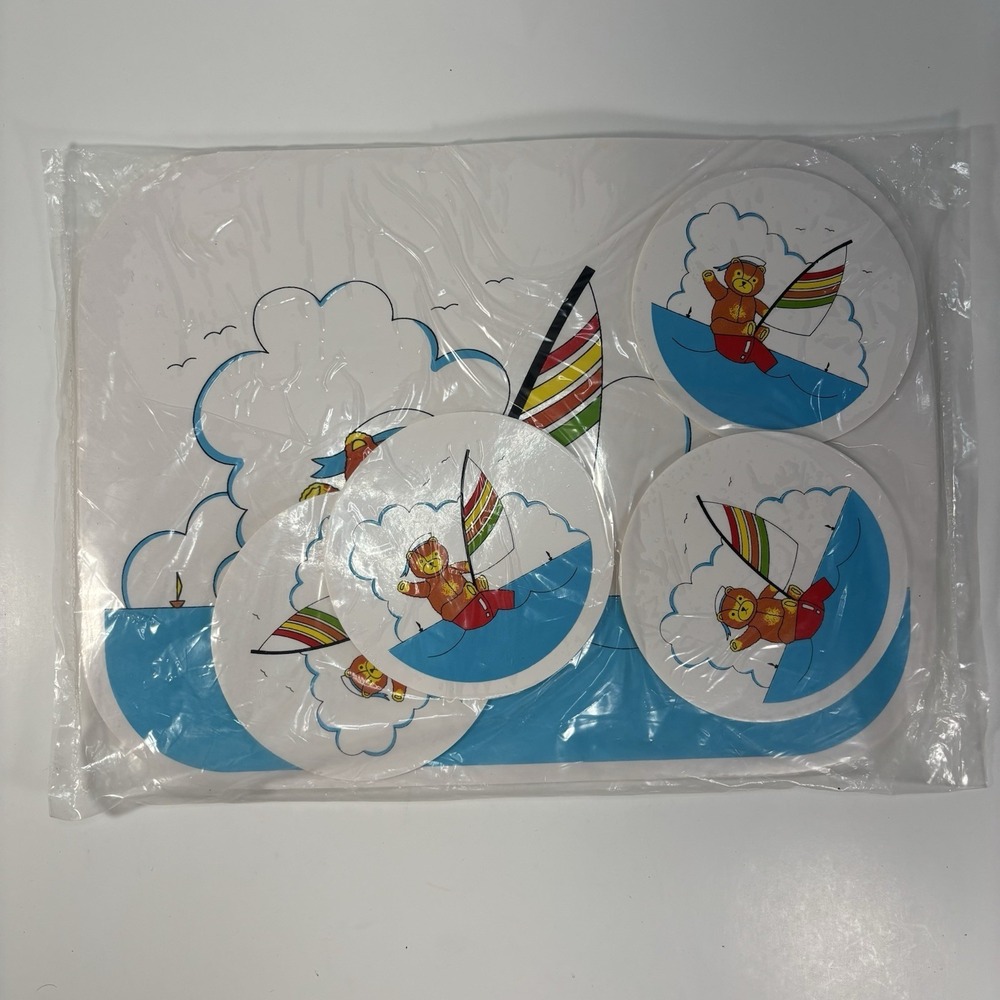 Vtg Placemats Mats And Costers 4 Each Cream Bear